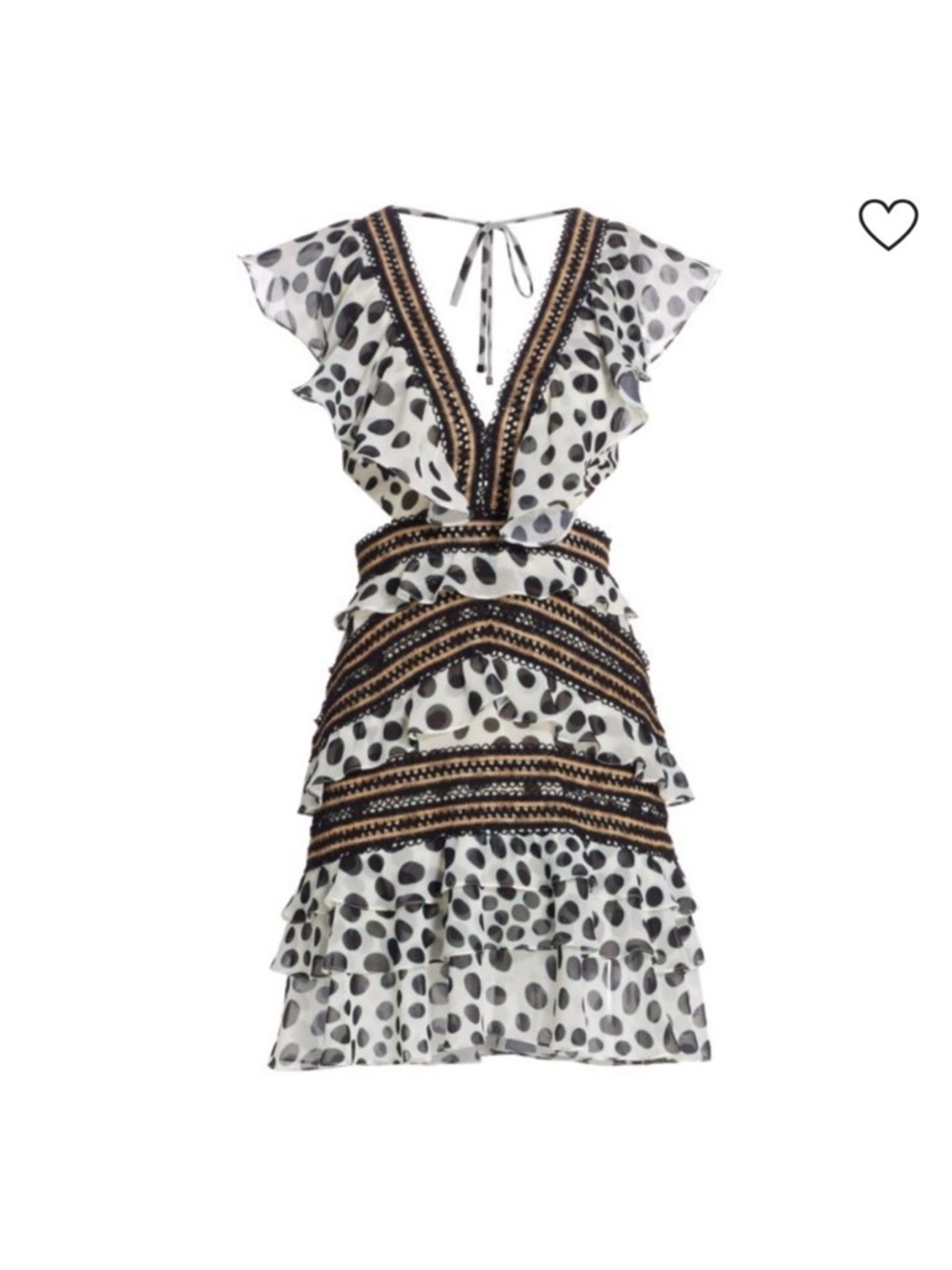 PatBO White Dress with Black Polka Dots and Tan Trim